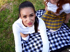 POV Reality Threesome Cock Sharing with Redhead and Brunette - The Great Outdoor Threesome - Arietta Adams