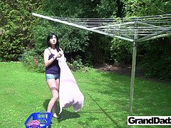 Watch this busty babe take on an old man's huge cock in the great outdoors!