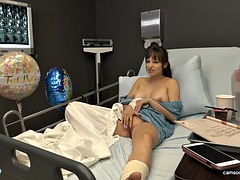 Public sex in the hospital. MILF flashes, guy cums on chest after jerking off
